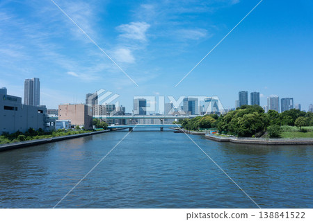 Shiomi Canal as seen from Sazanami Bridge in Koto Ward, Tokyo; Shiomi Canal on a sunny day. Shiomi Canal as seen from Sazanami Bridge in Koto Ward, Tokyo; Shiomi Canal on a sunny day. 138841522