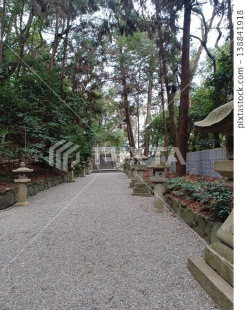 通往神社的道路兩旁排列著石燈籠,還有高聳入雲的樹木。 通往神社的道路兩旁排列著石燈籠,還有高聳入雲的樹木。 138841918