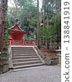 Beyond the stone steps, surrounded by large trees and a deep forest, stands a red shrine. Beyond the stone steps, surrounded by large trees and a deep forest, stands a red shrine. 138841919