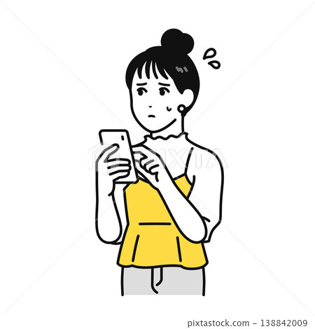 A young woman with her hair tied up is looking at her smartphone and looking troubled. 138842009