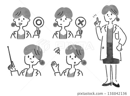 一組單色線條藝術插圖，描繪了一位身穿白大褂的女性的各種面部表情。 138842136