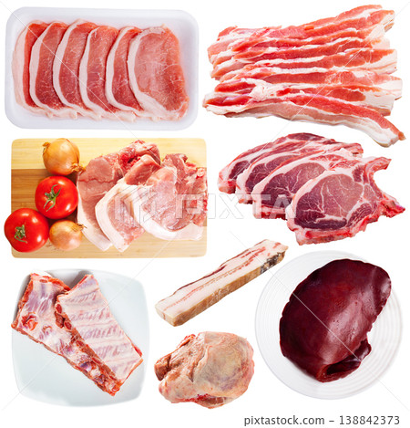 Assorted types of raw pork meat isolated 138842373