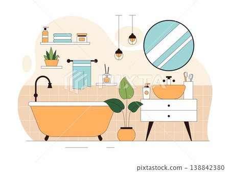 Modern Bathroom Interior Vector Illustration Featuring Bathtub, Sink, Mirror, Plants, and Minimalist Cozy Hygienic Home Design 138842380