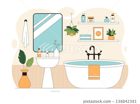 Modern Bathroom Interior Vector Illustration Featuring Bathtub, Sink, Mirror, Plants, and Minimalist Cozy Hygienic Home Design 138842381