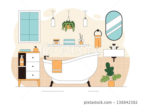 Modern Bathroom Interior Vector Illustration Featuring Bathtub, Sink, Mirror, Plants, and Minimalist Cozy Hygienic Home Design 138842382