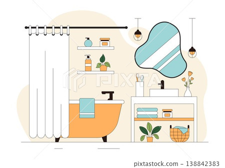 Modern Bathroom Interior Vector Illustration Featuring Bathtub, Sink, Mirror, Plants, and Minimalist Cozy Hygienic Home Design 138842383