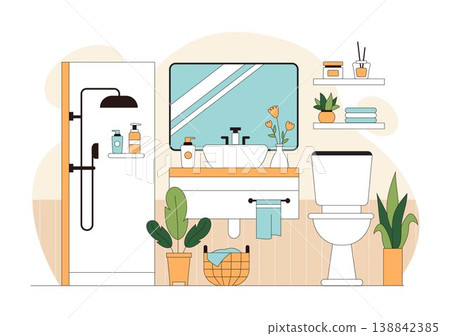 Modern Bathroom Interior Vector Illustration Featuring Bathtub, Sink, Mirror, Plants, and Minimalist Cozy Hygienic Home Design Modern Bathroom Interior Vector Illustration Featuring Bathtub, Sink, Mirror, Plants, and Minimalist Cozy Hygienic Home Design 138842385