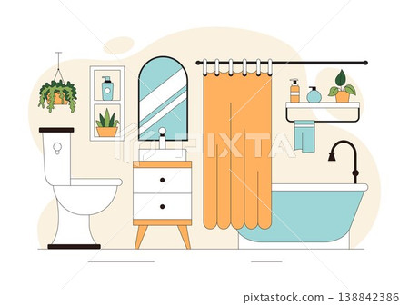Modern Bathroom Interior Vector Illustration Featuring Bathtub, Sink, Mirror, Plants, and Minimalist Cozy Hygienic Home Design 138842386