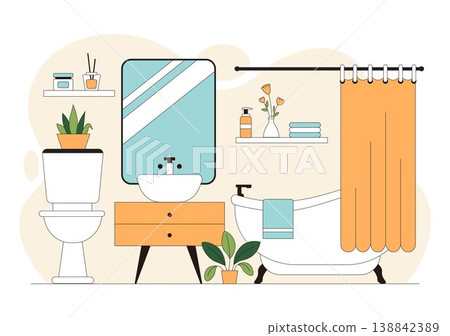 Modern Bathroom Interior Vector Illustration Featuring Bathtub, Sink, Mirror, Plants, and Minimalist Cozy Hygienic Home Design 138842389