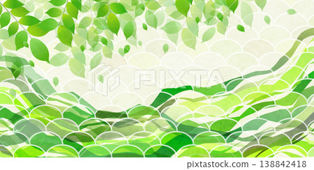 A background illustration featuring fresh green leaves and a traditional Japanese wave pattern. 138842418