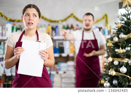 Male manager is unhappy with female salesperson - he yells at her and throws her out of work Male manager is unhappy with female salesperson - he yells at her and throws her out of work 138842485