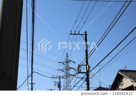無垠的藍天和筆直的電線桿:這個標題強調了空間的縱深感和開闊感。 無垠的藍天和筆直的電線桿:這個標題強調了空間的縱深感和開闊感。 138842632