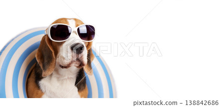 Beagle wearing sunglasses in an inflatable ring on white background. Beagle wearing sunglasses in an inflatable ring on white background. 138842686