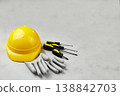 Happy labor day concept. Construction tools, yellow helmet on dark wooden background 138842703