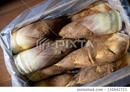 A bag full of bamboo shoots with soil still attached arrived – a taste of spring. A bag full of bamboo shoots with soil still attached arrived – a taste of spring. 138842721