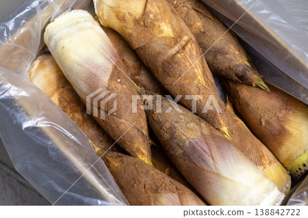 A spring ingredient image featuring stacks of bamboo shoots still covered in soil. A spring ingredient image featuring stacks of bamboo shoots still covered in soil. 138842722