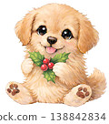 [Christmas] Illustration of a golden retriever holding a holly leaf 138842834
