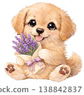 An illustration of a golden retriever holding a bouquet of lavender flowers. 138842837
