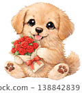 An illustration of a golden retriever holding a bouquet of roses. 138842839