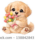 [Spring] Illustration of a golden retriever holding a bouquet of tulips 138842843