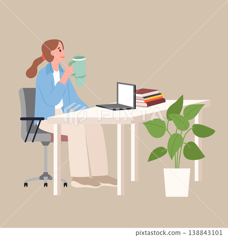 Woman drinking water at desk 138843101