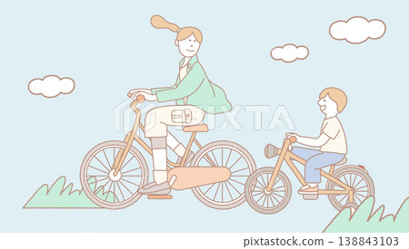 Mother and child riding bicycles together Mother and child riding bicycles together 138843103