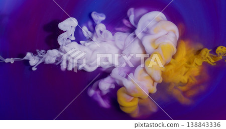 Ink drop. Cloud mix. Blur white yellow purple color mist bright splash vibrant acrylic texture spreading on abstract art background. 138843336