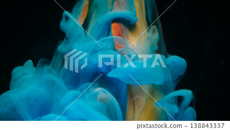 Flower art. Paint background. Blur yellow color tulip nature plant blue fume texture floating on dark black acrylic creative abstraction. 138843337