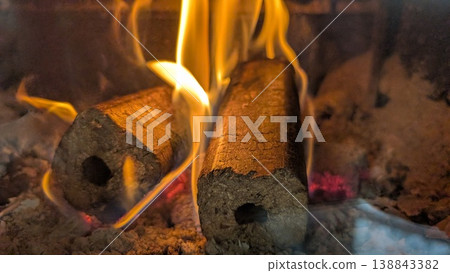 Heated hearth filled with glowing embers and flickering flames Heated hearth filled with glowing embers and flickering flames 138843382