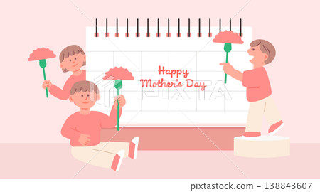 Children holding carnations by large desk calendar 138843607