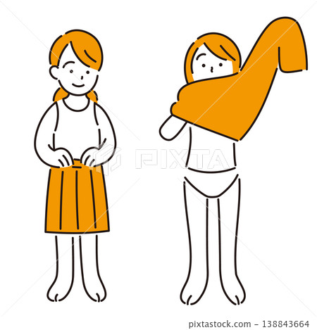 Illustration of a girl getting dressed by herself (full body) 138843664