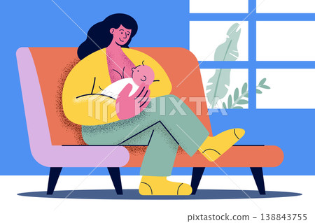 Mother breastfeeding her newborn baby on a sofa. Corporate Memphis style vector illustration art showing postnatal care, infant nutrition, and motherhood bonding. 138843755