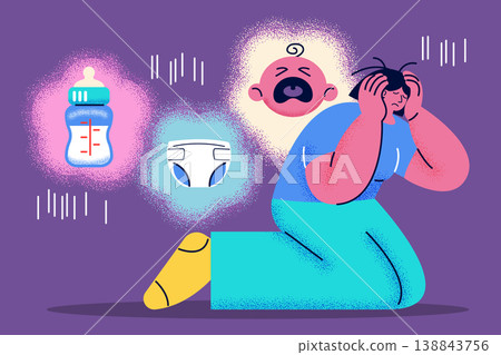 Tired mother feeling stressed and overwhelmed by baby needs like crying, feeding, and diapers. Mental health, postpartum depression, and parenting challenges vector illustration. Corporate Memphis Tired mother feeling stressed and overwhelmed by baby needs like crying, feeding, and diapers. Mental health, postpartum depression, and parenting challenges vector illustration. Corporate Memphis 138843756