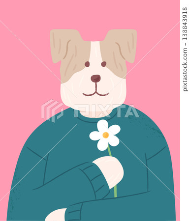 Cute anthropomorphic dog holding a flower Cute anthropomorphic dog holding a flower 138843918