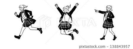 手繪線條藝術插圖集：身穿制服的女學生奔跑、跳躍和指點。 138843957