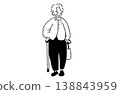 Hand-drawn line art illustration of a senior woman with a cane and a shopping bag. 138843959
