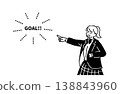 A hand-drawn line art illustration of a female student in a school uniform pointing to the goal. 138843960