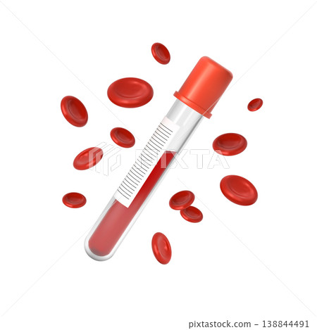 A test tube with blood, sealed with a red cap and blank label, surrounded by red blood cells. A test tube with blood, sealed with a red cap and blank label, surrounded by red blood cells. 138844491