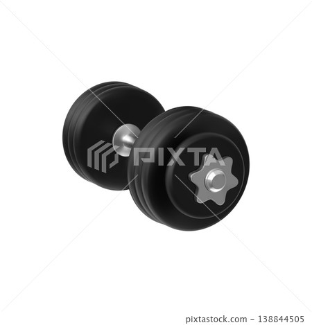 A realistic, collapsible metal dumbbell with black rubberized discs and a steel handle. A realistic, collapsible metal dumbbell with black rubberized discs and a steel handle. 138844505
