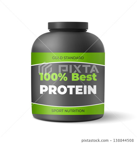 Black plastic container with a closed lid and a green label stating "100 Best Protein." 138844508