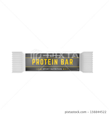 A Gold Standard protein bar in a sealed wrapper with a black and yellow label. A Gold Standard protein bar in a sealed wrapper with a black and yellow label. 138844522
