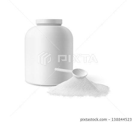 A realistic mockup of a white sports nutrition jar with a scoop of powder and a measuring spoon. 138844523