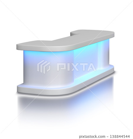 A realistic white reception desk with blue LED backlighting. 138844544