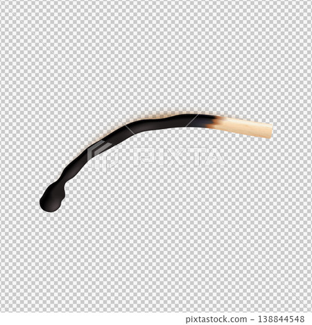 3D realistic burnt match, vector charred curve wooden stick, burned bent matchstick with scorched edge and black ash 3D realistic burnt match, vector charred curve wooden stick, burned bent matchstick with scorched edge and black ash 138844548