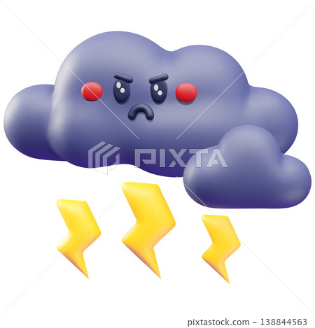 A 3D frowning purple cloud with an angry expression and lightning bolts. A 3D frowning purple cloud with an angry expression and lightning bolts. 138844563