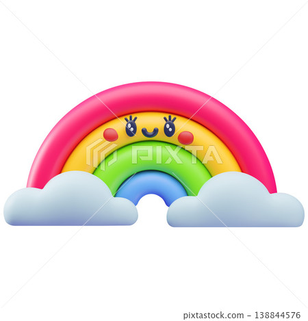 A 3D children's character, a bright rainbow on clouds, with a smiling face. A 3D children's character, a bright rainbow on clouds, with a smiling face. 138844576