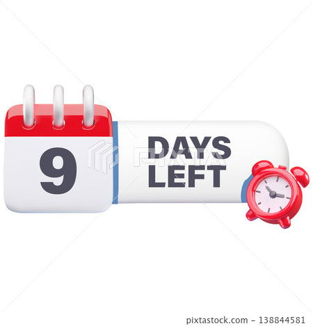 3D calendar with the number 9, a stand-up alarm clock, and a sign saying "Days Remaining." 3D calendar with the number 9, a stand-up alarm clock, and a sign saying "Days Remaining." 138844581