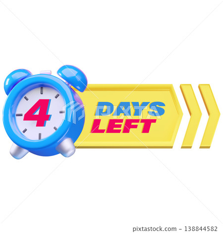 3D icon of a blue alarm clock with a yellow arrow and the text "4 Days Left." 3D icon of a blue alarm clock with a yellow arrow and the text "4 Days Left." 138844582
