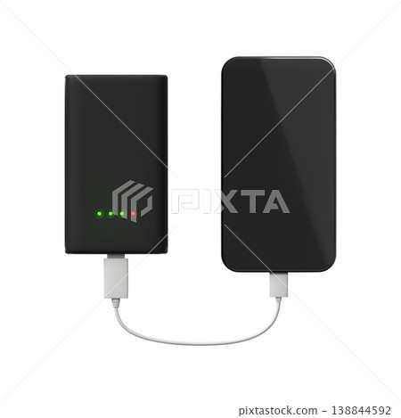 A black portable battery charger is connected to a black smartphone with a white USB cable. A black portable battery charger is connected to a black smartphone with a white USB cable. 138844592