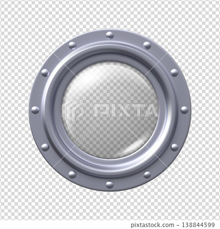 Round metal porthole with rivets and glass on an isolated transparent background. 138844599